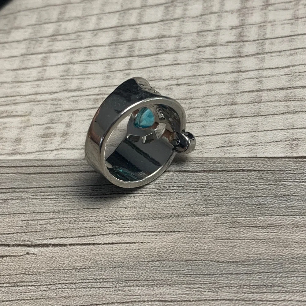 Blue Pear Stone Textured Wide Band Ring Silver Gold Tone Statement Size 7.5